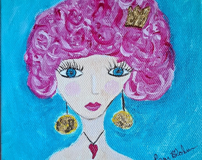 Pink Hair Girl "Totally Tina " Original Acrylic Painting- teen  art -24K gold leaf embellishment - 6x6x1.5  stand alone art