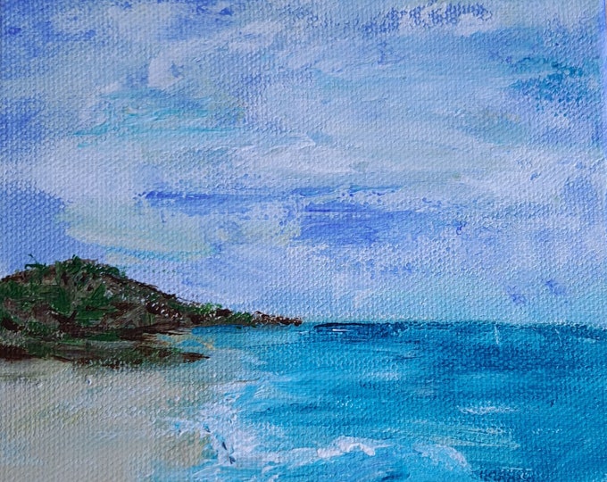 Seascape "A Day at the Beach" Original acrylic painting" - 6x6x1.5 Gallery Wrap Linen Canvas Stand Alone - Ocean Wall art