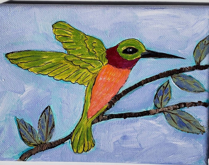 Original "Hummingbird in Flight" Acrylic Painting- 5x7 stretch canvas- Small art Garden Hummer