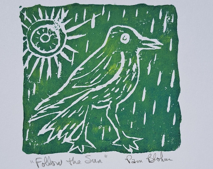 Linoleum Block Print Bird " Follow The Sun"  - 6.25x7.75 " paper- Original Green ink artwork - unframed wall art -green home decor