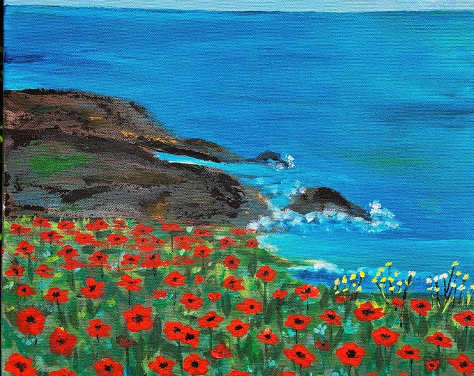 Ocean Landscape with Red Poppies - 14x14 Original Acrylic Painting -Seascape and Flowers Artwork- Seacape home decor