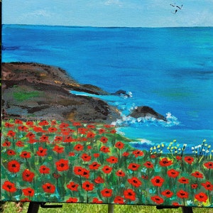Red Poppies Blooming Seaside -14x14 Original Acrylic Painting --Ocean Seascape with Flowers -