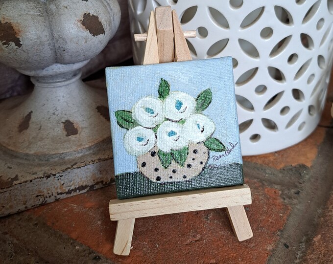 Polka Dot Vase of 5 White Flowers- Tiny art - Original Acrylic Painting- 2.5x2.5 " canvas panel - small art gift idea includes display easel