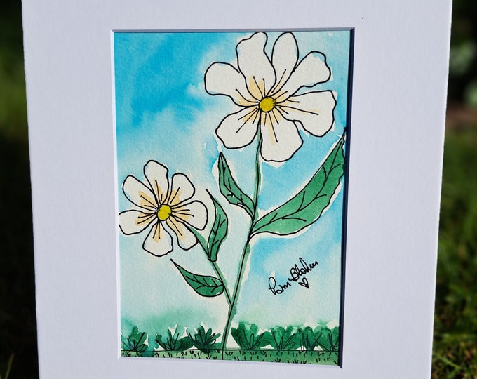 Original Watercolor "Daisies" Flowers artwork-white matted to fit 8x10 frame- Floral  Watercolor Paintings