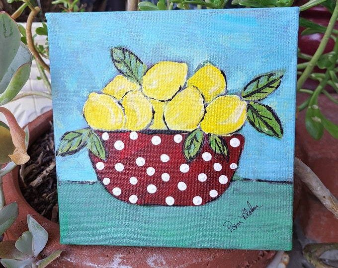 Original acrylic painting-Red Polka-dot of Yellow Lemons- 6x6" Stretched Canvas Kitchen wall art