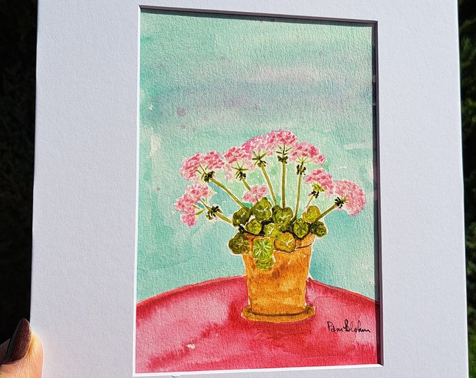 Original Watercolor "Potted  Pink Geraniums -White Matted to 8x10 frame size- Home Decor Wall -kitchen art-garden art