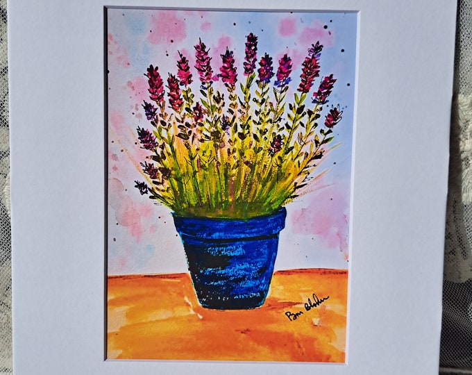 Watercolor Print "LAVENDER Potted in a Blue Pot"  White Matted to 8x10 inch frame size