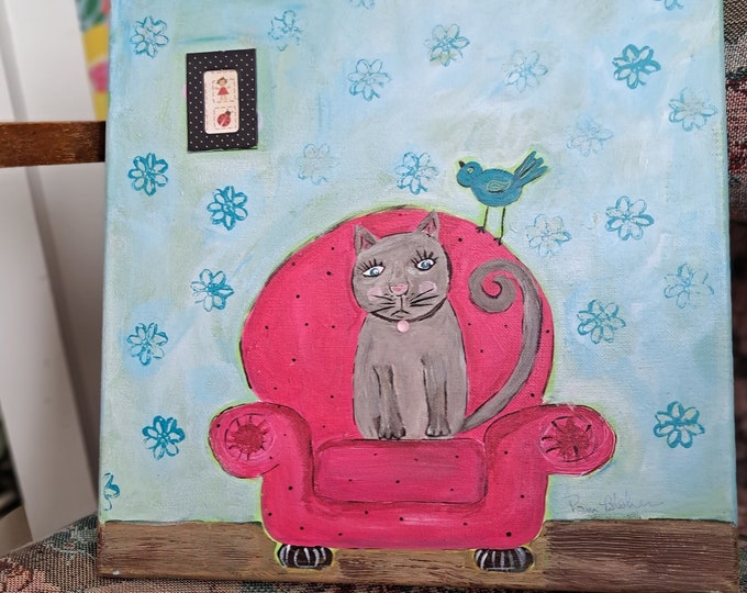 Original Cat Art  "Maxine the Cat " Acrylic  Painting - 12x12 wall art-Cat in her PINK  Chair art - Cat lover gift