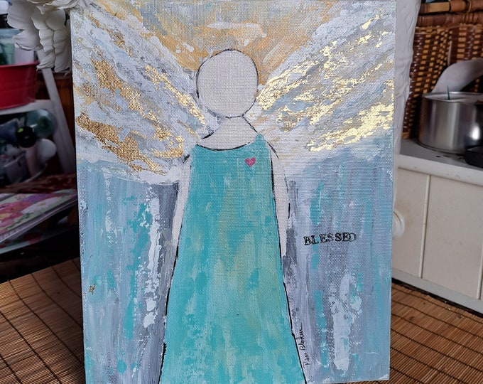 Angel Original Acrylic Painting- "Believe" - 8x10 unframed Canvas PANEL-Angel art gift idea-Inspirational word is Blessed- Angel Wall art