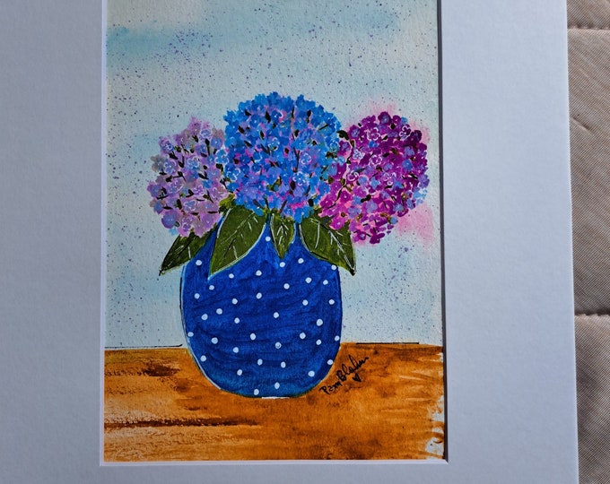 Special order Reserved for BM-Vase of Hydrangeas - Watercolor Original "My Grandma's  Garden Flowers " White Matted to 8x10 frame size-