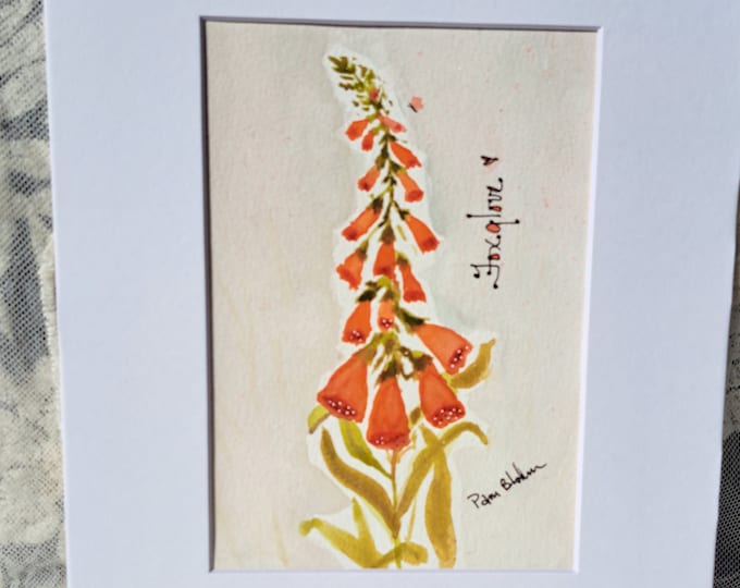 Original watercolor painting Orange "Foxglove" Flower artwork white matted to 8x10 frame size