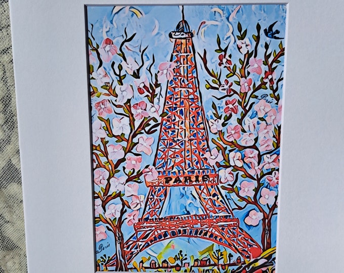 Red Eiffel Tower with Spring Cherry Blossoms -White Matted to 8x10 inch frame size-Paris in spring