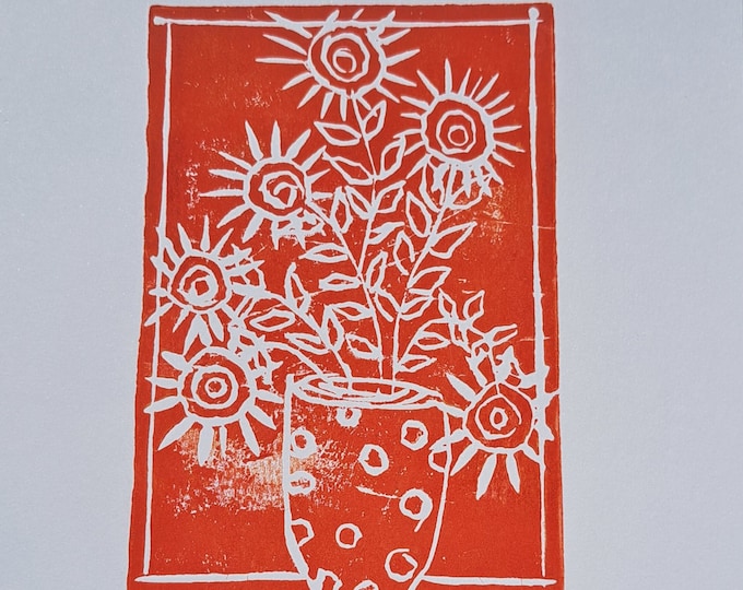 Linoleum Block Print "Blooms" -Vase of Sunflowers- Orange Home Decor- 7" x 9.5" Unframed Wall art