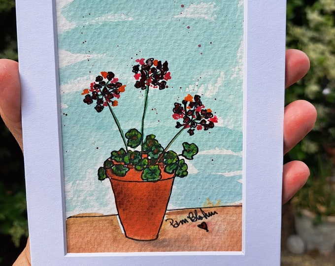 Original Potted "Red Geraniums" Watercolor and ink Painting - white matted to standard 5x7 frame size - small gift idea