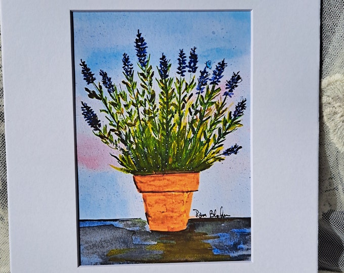Watercolor Print Lavender potted in Terracotta Pot From original watercolor painting - White Matted to 8x10"