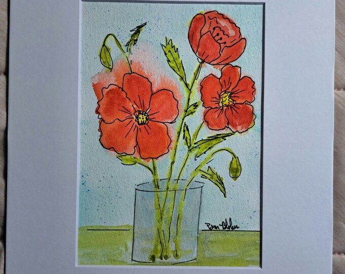 Special order Reserved for BM-Watercolor and Ink Original Art "Shine Bright Today"  Red Orange Flowers art -white matted to 8x10 frame size