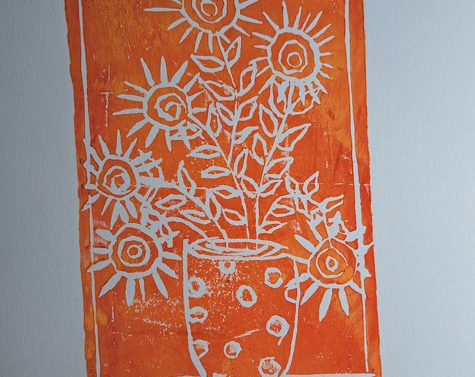 Lino Vase of Sunflowers  "Big Blooms"-LINOLEUM Block Print- Yellow Orange Ink- 7.5x9.75 unframed wall art - Orange home decor