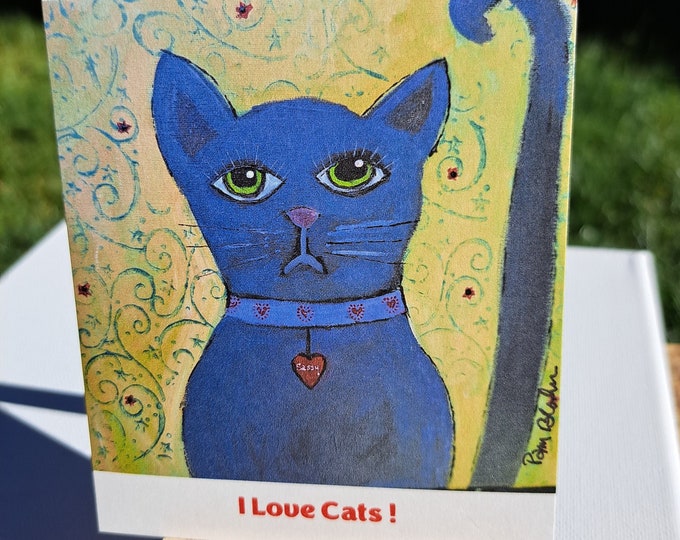 Cat Lover Magnet "I Love Cats ! " Artist Magnet gift idea under 10- 3.5"x 4" small art Purple Cat -Made in the USA