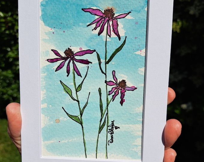 Original "3 Purple Wildflowers" Watercolor and Ink Painting-5x7 White Matted frame size  - whimsical flowers wall art