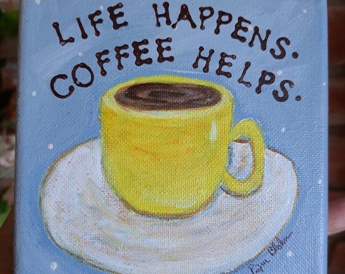 Yellow "Coffee Cup" Original Acrylic Painting- 5x5 unframed stretched canvas- Coffee Kitchen Decor artwork