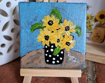 Tiny  art Polka Dot Vase of Yellow Sunflowers Original Acrylic Painting -3x3 Flowers  artwork includes display easel