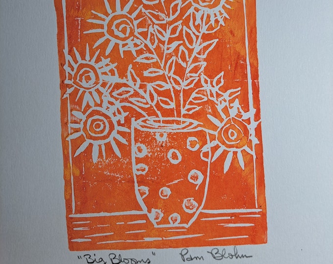 Vase of Sunflowers  "Big Blooms"-LINOLEUM Block Print- Yellow Orange Ink- 7.5x9.75 unframed wall art - Orange home decor