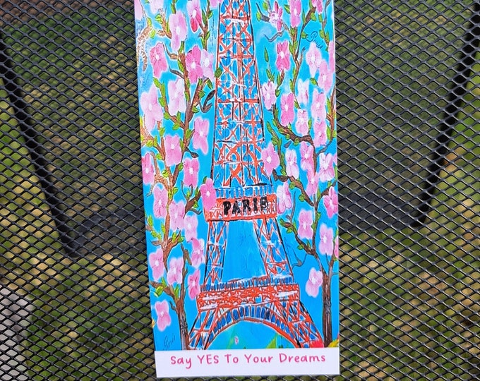 Eiffel Tower  "Say YES To Your Dreams" Magnet with Cherry Blossoms "   Magnet 2.25" x 6" Kitchen Magnet - Paris in Spring- Adventure