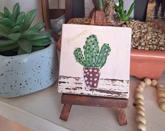 TINY Cactus Painting "Discover" - 3x3 inch Original Acrylic art on  canvas panel with easel - Desert Plant  gift idea