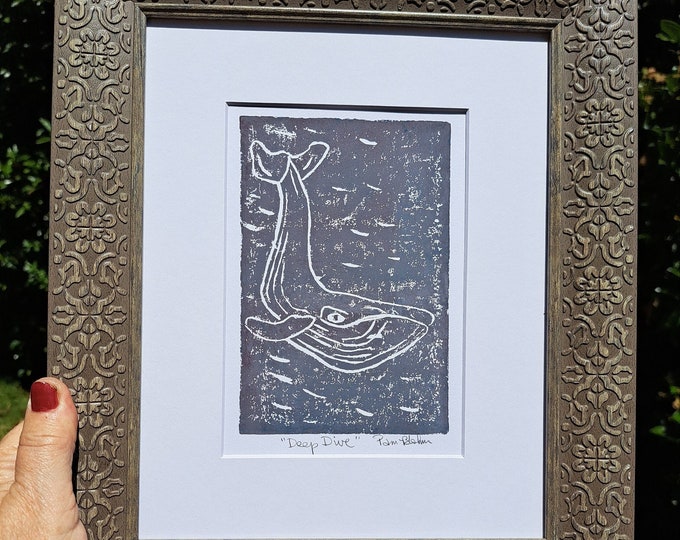 Humpback Whale "Deep Diving"  Linoleum Block Print- White Matted to 8x10 Frame size - Grey Home Decor -Ocean Art