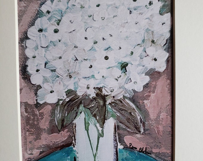 Artist PRINT "Vase of Hydrangeas" white matted to 8x10 frame size.- 8x10 wall art home decor