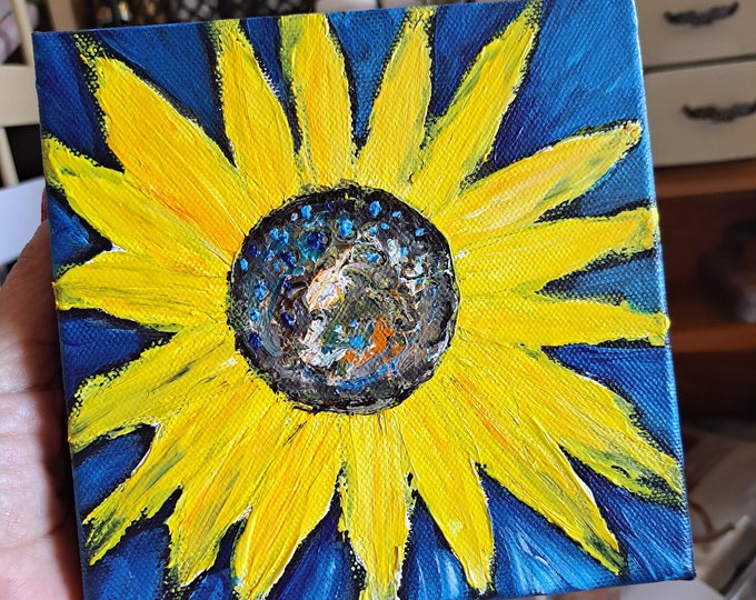 Original "Sunflower in Blue"  Acrylic Painting-6x6 deep wrapped  canvas -Stand alone Painting