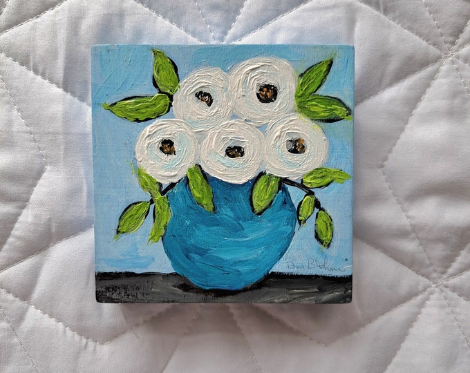 Vase of 5 White Flowers "Spring Blossoms"-Small art Original acrylic painting on 4x4 Birchwood canvas