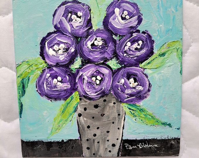 Flower Painting "Purple Roses" -Swirl Flower Art- Original acrylic art-6x6 Unframed Small art- Floral Painting canas PANEL