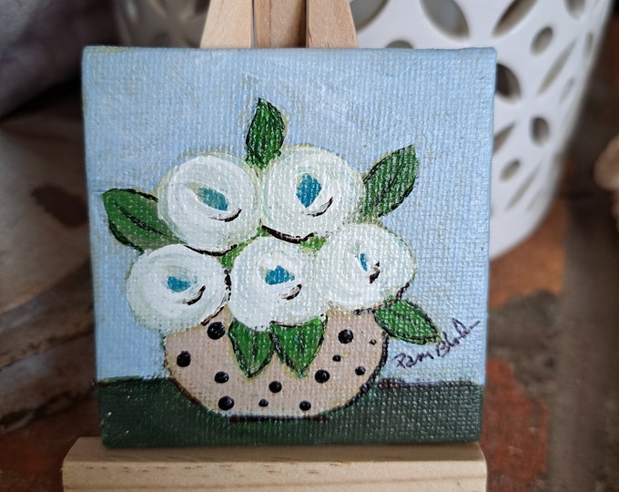 Polka Dot Vase of 5 White Flowers- Tiny art - Original Acrylic Painting- 2.5x2.5 " canvas panel - small art gift idea includes display easel