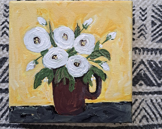 Vase of 5 White Flowers-Original acrylic painting- Yellow and White small art gift idea -5x5 Unframed Small art Floral Artwork
