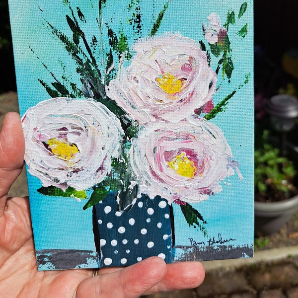 Flower Bouquet " Pretty in Pink " Original acrylic painting -5x7 Unframed canvas Panel- polka dot vase of Pink Roses-Impressionist Art