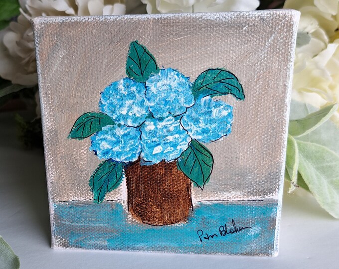 Vase of Blue Hydrangeas - Small art original acrylic painting -4x4 inch deep 1.5 inch stretched canvas