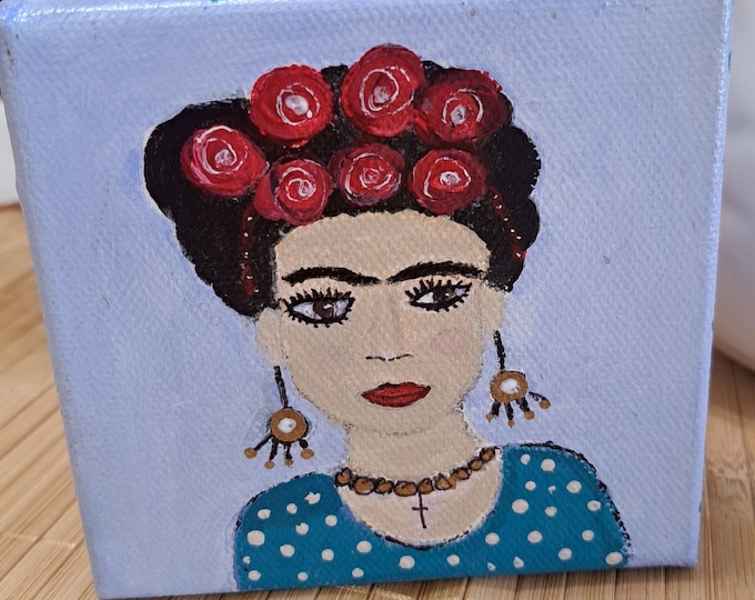 Frida art " Flowers in Her Hair " - 4x4x1.5 inch stretched canvas mantle or shelf art - Small art original acrylic painting- art under 25