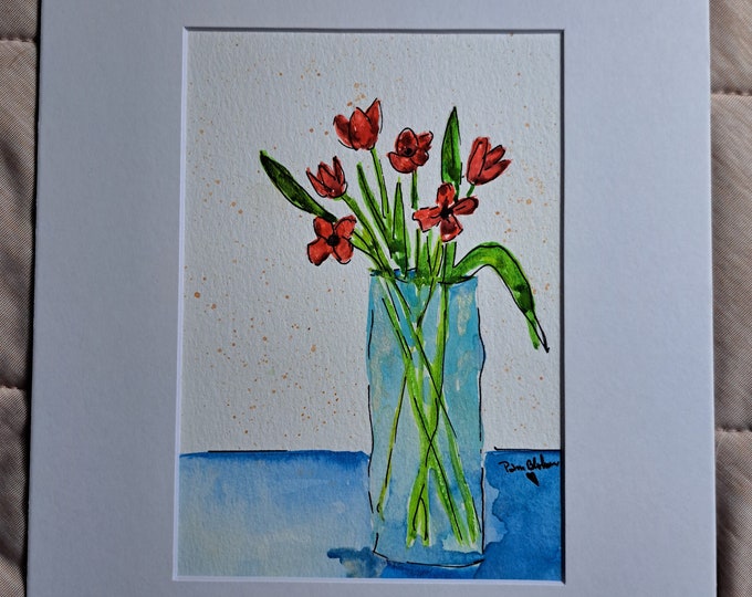 Original "Fabulous Fun" Watercolor & Ink Painting - Abstract Red Flowers- White matted to 8x10 frame size-   Whimsical Red Flowers