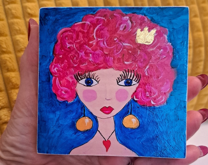 Pink Hair Queen Shelf Sitter - decopauged 4x4x1 Artist Print on Birchwood canvas