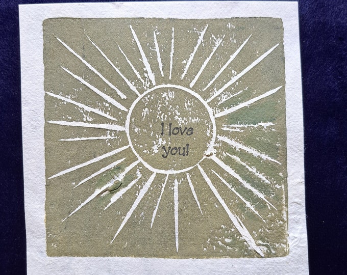 Sunshine "I Love You" Linoleum Block Print  - Shining Sun Boho Print -Unframed 4.5x4.5 inch Olive green  Wall art -Print only