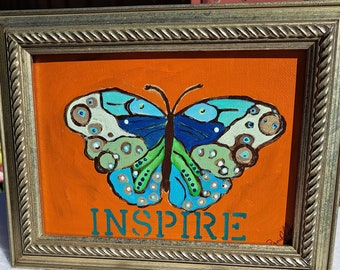 FRAMED 5x7 Butterfly "Inspire" Original Acrylic Painting -Boho Earthtone Wall art  -FRAMED Canvas Panel  - Small art gift idea