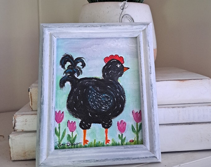 FRAMED Chicken - 4x5 Original acrylic painting - Whimsical canvas Panel -Farm animal theme