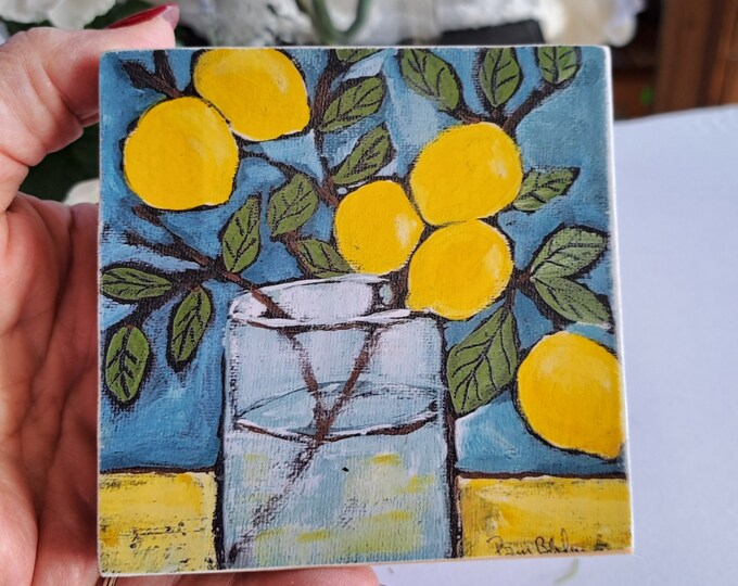 Lemon Branch  Home accent shelf decor - decoupaged artist Print -4x4x1 Print on Birchwood canvas- Kitchen tier tray decor