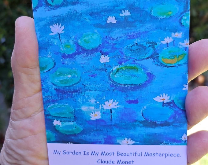 Lily Pond Fridge Magnet -Artist Lily Pond with Monet Quote " My Garden is my Most Beautiful Masterpiece" - Small gift idea under 10