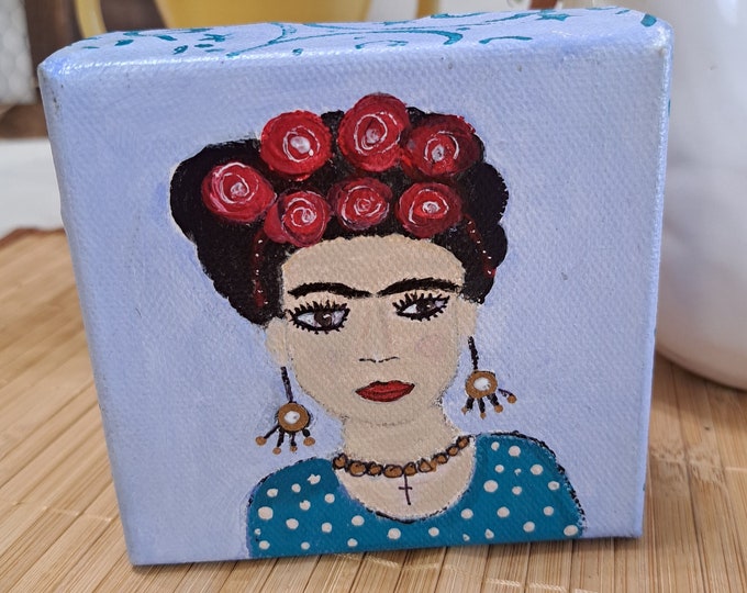 Frida art " Flowers in Her Hair " - 4x4x1.5 inch stretched canvas mantle or shelf art - Small art original acrylic painting- art under 25