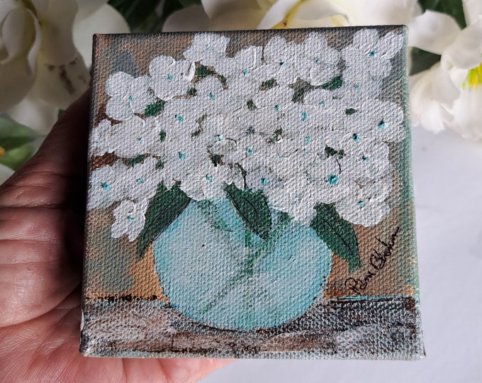 Customer order for BM. Hydrangeas Original acrylic painting- 4x4 Small art stand alone deep canvas- shelf art