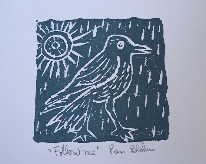 Bird Linoleum Block Print "Follow Me " Bird and Sun in the Rain -7.75 x 8.5 Dark Gray Wall Art