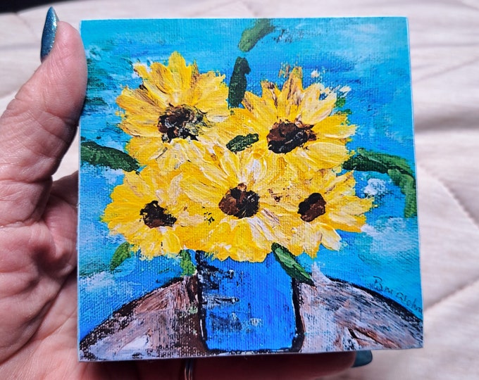 Shelf decor  yellow Sunflowers decoupaged artist Print -4x4x1 Print on Birchwood canvas