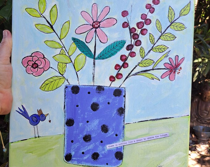 Whimsical Vase of Wildflowers Original Acrylic Painting-12x12 Wildflower artwork